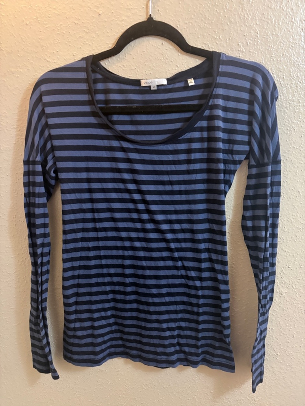 Vince Blue and Black Striped Long-Sleeve Scoop Neck Top